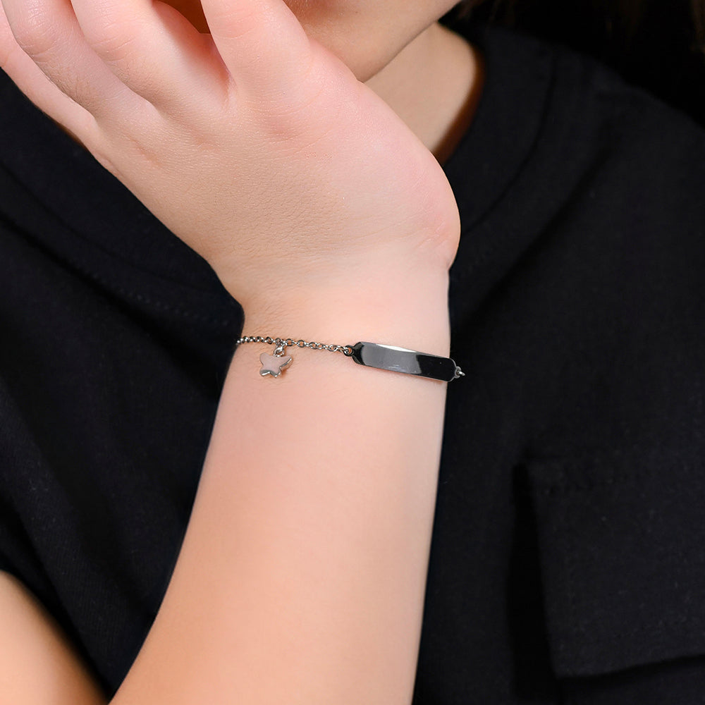 PULSERA DE ACERO NIÑA CON MARIPOSAS Y PLACA