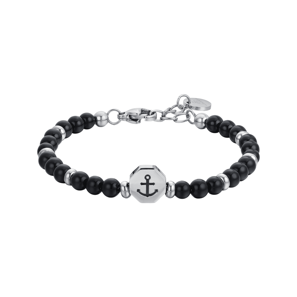 PULSERA BEBE ANCLA DE ACERO CON PIEDRAS NEGRAS
