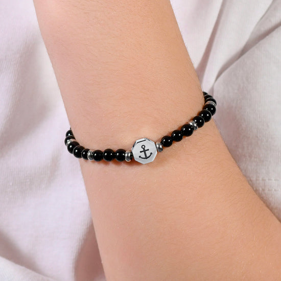 PULSERA BEBE ANCLA DE ACERO CON PIEDRAS NEGRAS