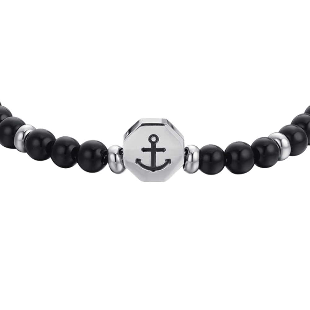 PULSERA BEBE ANCLA DE ACERO CON PIEDRAS NEGRAS