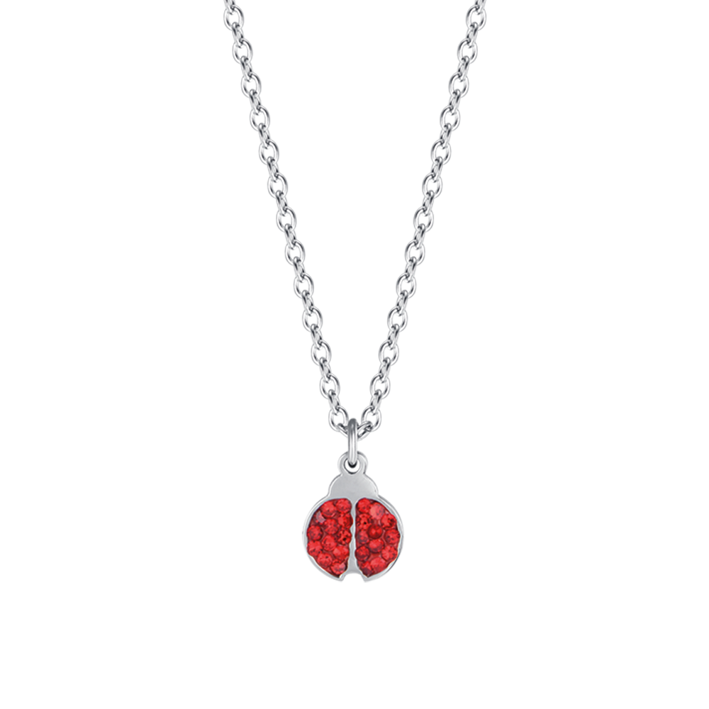 COLLAR DE NIÑA DE ACERO CON MARIQUITA Y CRISTALES ROJOS