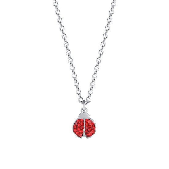 COLLAR DE NIÑA DE ACERO CON MARIQUITA Y CRISTALES ROJOS