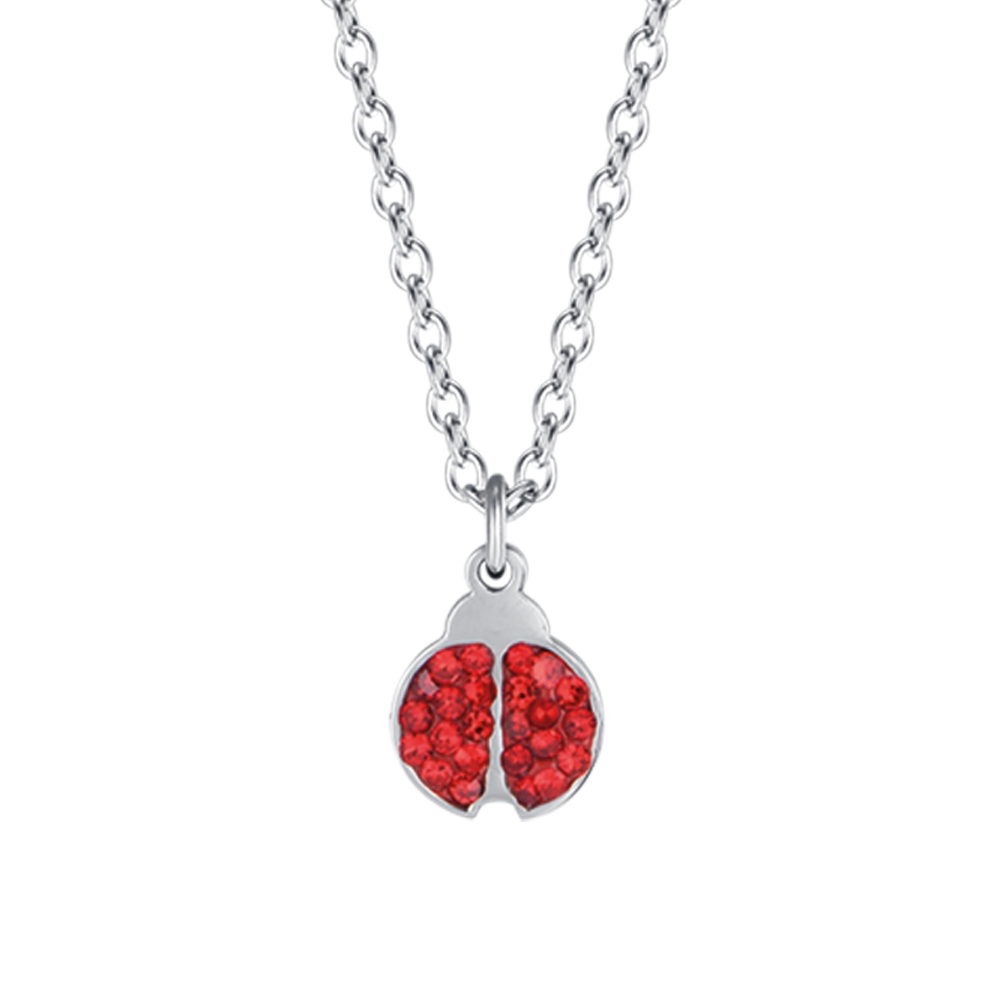 COLLAR DE NIÑA DE ACERO CON MARIQUITA Y CRISTALES ROJOS