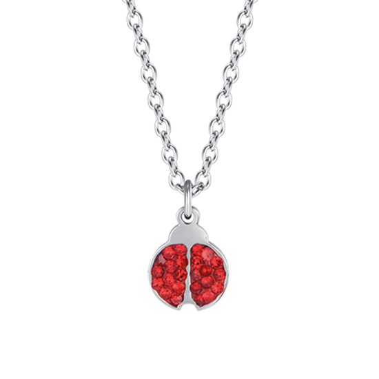 COLLAR DE NIÑA DE ACERO CON MARIQUITA Y CRISTALES ROJOS