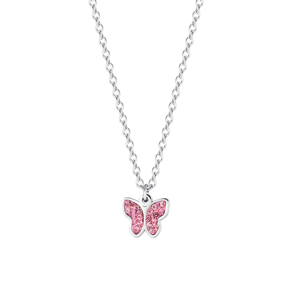 COLLAR INFANTIL DE ACERO CON MARIPOSA Y CRISTALES ROSAS Luca Barra