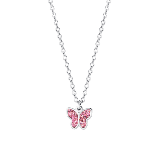 COLLAR DE NIÑA DE ACERO CON MARIPOSA Y CRISTALES ROSAS