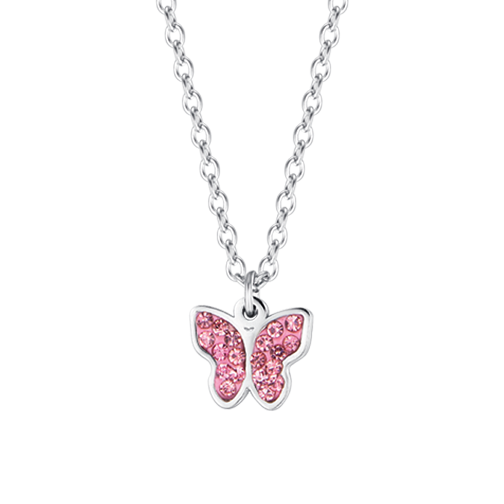 COLLAR DE NIÑA DE ACERO CON MARIPOSA Y CRISTALES ROSAS