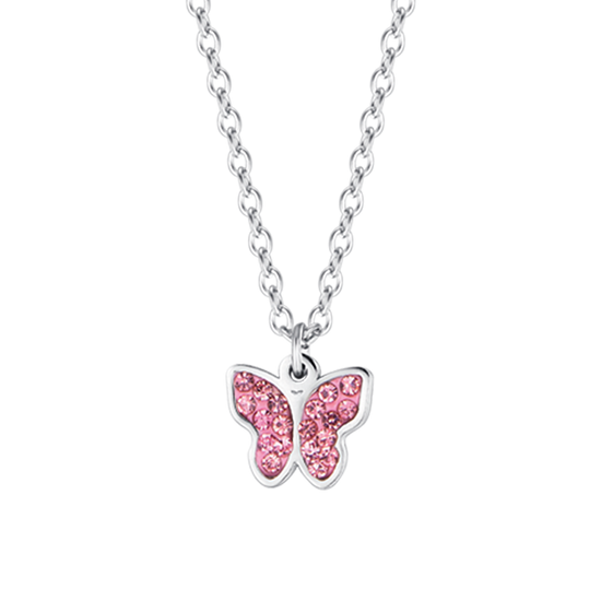 COLLAR DE NIÑA DE ACERO CON MARIPOSA Y CRISTALES ROSAS