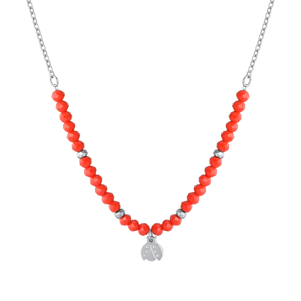 COLLAR DE ACERO PARA NIÑA CON PIEDRAS ROJAS Y MARIQUITA