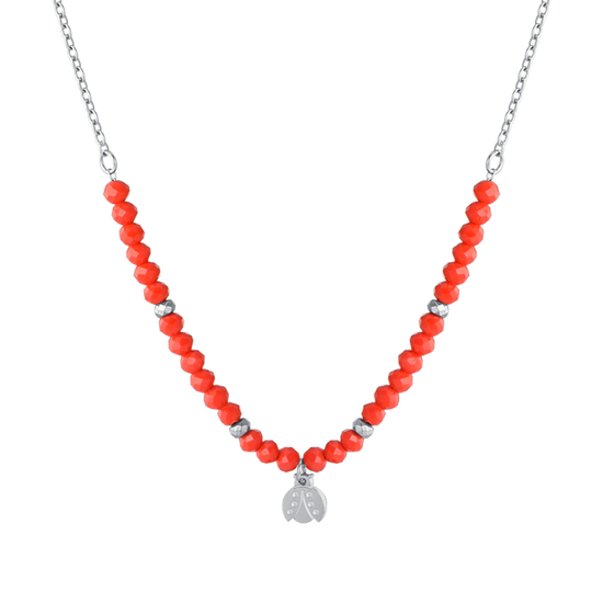 COLLAR DE ACERO PARA NIÑA CON PIEDRAS ROJAS Y MARIQUITA