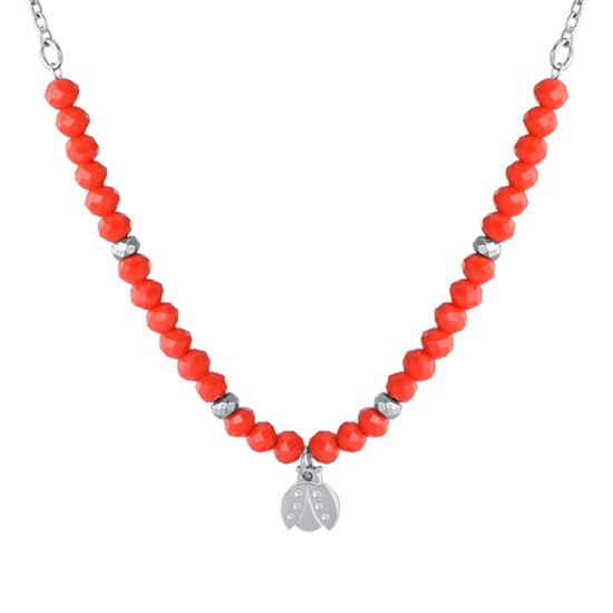 COLLAR DE ACERO PARA NIÑA CON PIEDRAS ROJAS Y MARIQUITA