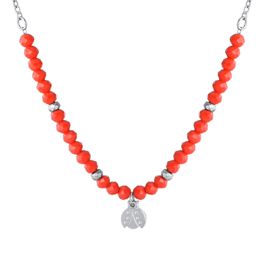 COLLAR DE ACERO PARA NIÑA CON PIEDRAS ROJAS Y MARIQUITA
