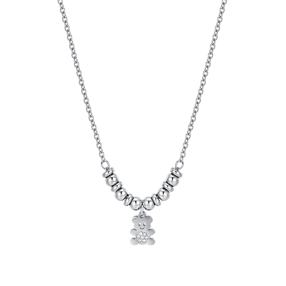 COLLAR DE ACERO PARA NIÑA CON OSITO DE PELUCHE CON CRISTALES BLANCOS