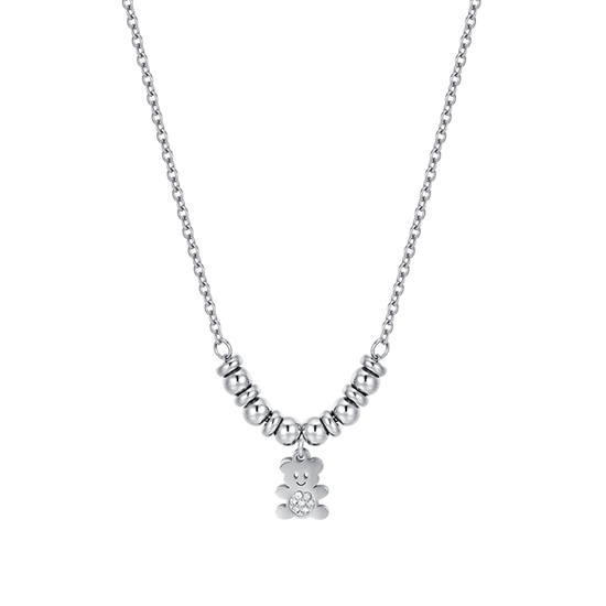COLLAR DE ACERO PARA NIÑA CON OSITO DE PELUCHE CON CRISTALES BLANCOS