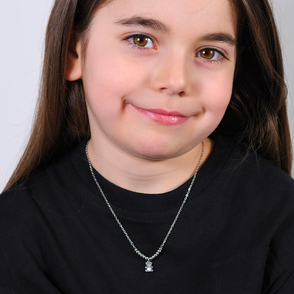 COLLAR DE ACERO PARA NIÑA CON OSITO DE PELUCHE CON CRISTALES BLANCOS