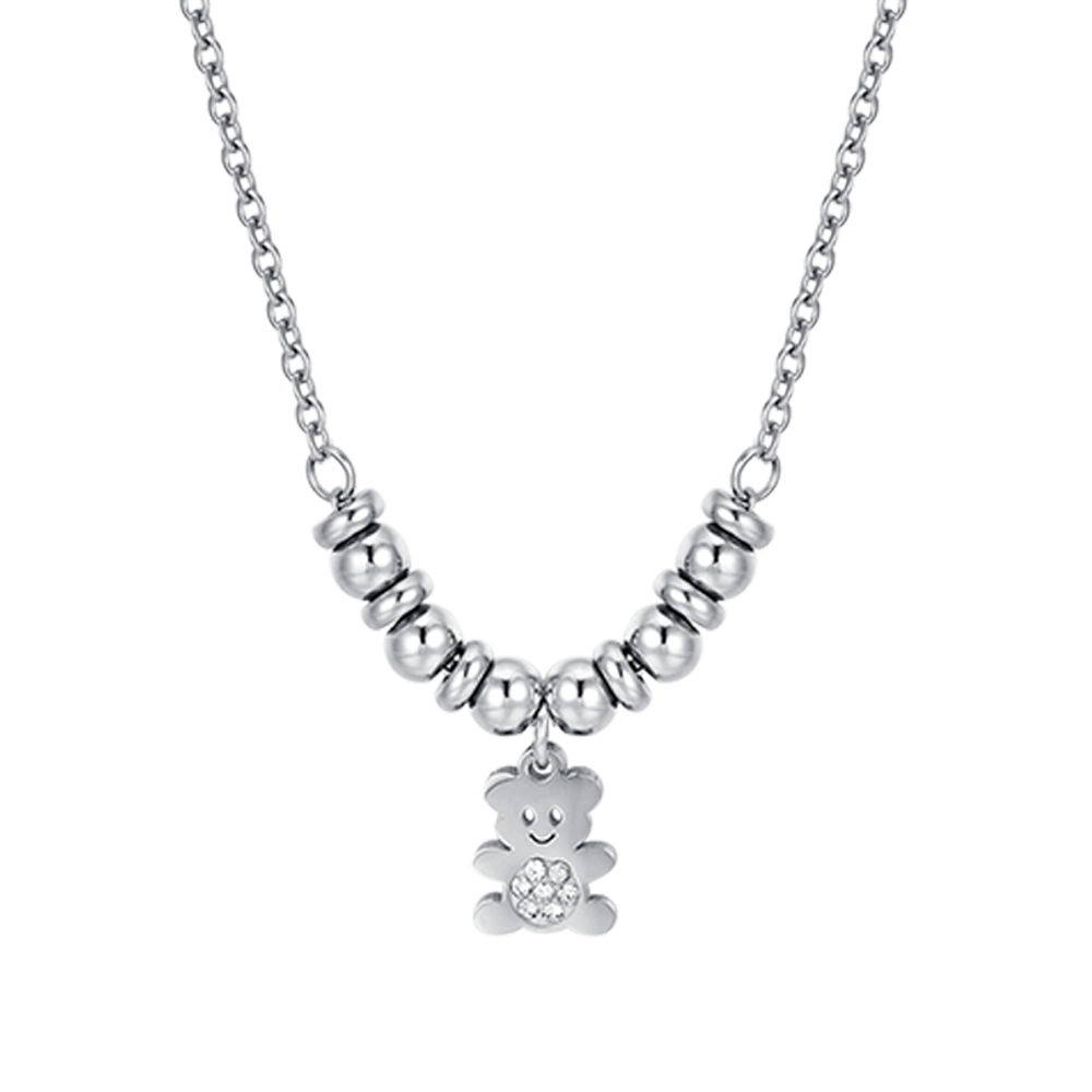 COLLAR DE ACERO PARA NIÑA CON OSITO DE PELUCHE CON CRISTALES BLANCOS