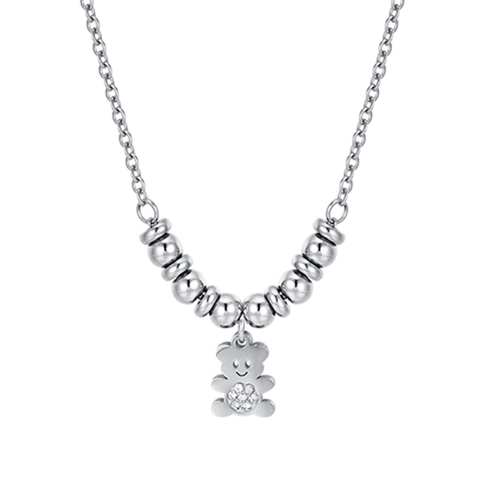 COLLAR DE ACERO PARA NIÑA CON OSITO DE PELUCHE CON CRISTALES BLANCOS