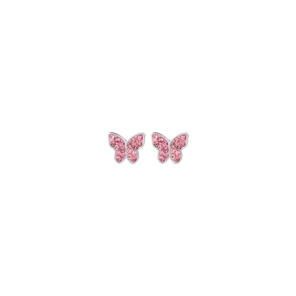 PENDIENTES DE NIÑA DE ACERO CON MARIPOSA Y CRISTALES ROSAS