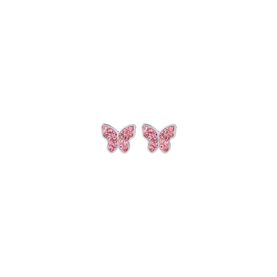 PENDIENTES DE NIÑA DE ACERO CON MARIPOSA Y CRISTALES ROSAS