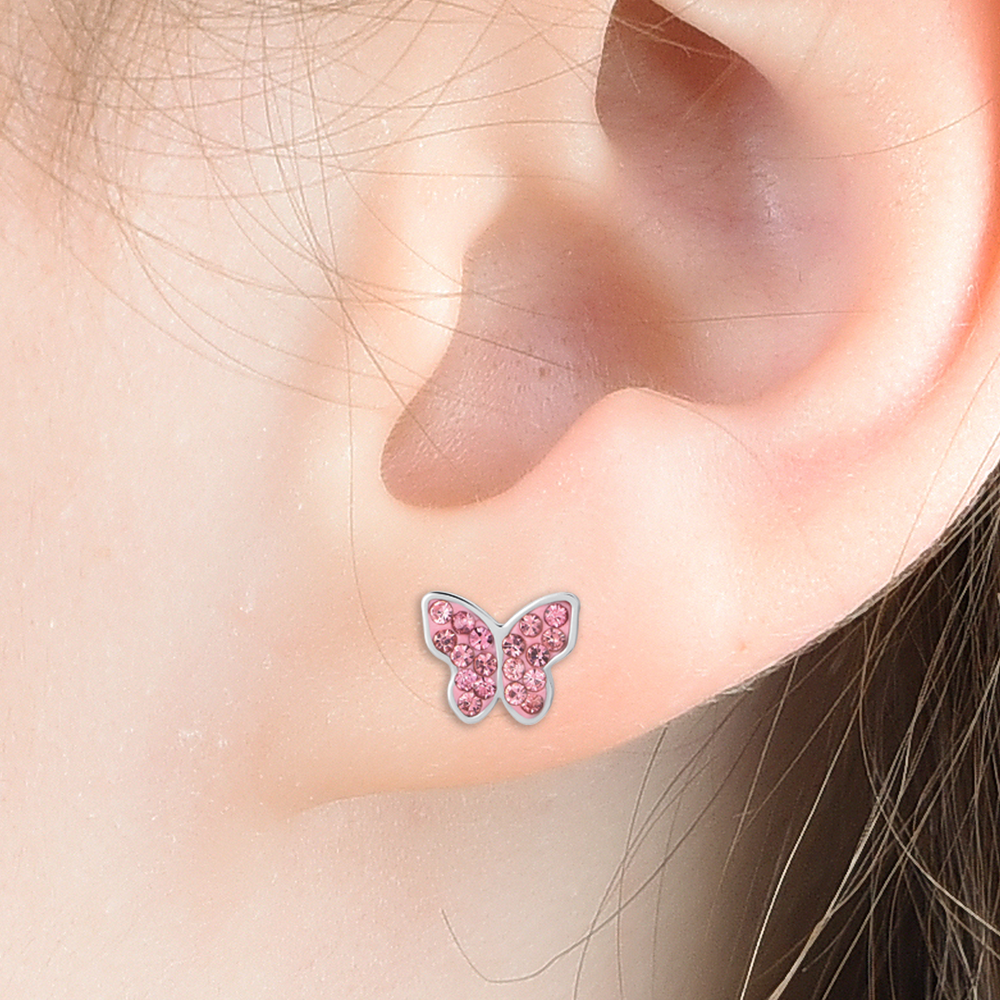 PENDIENTES DE NIÑA DE ACERO CON MARIPOSA Y CRISTALES ROSAS