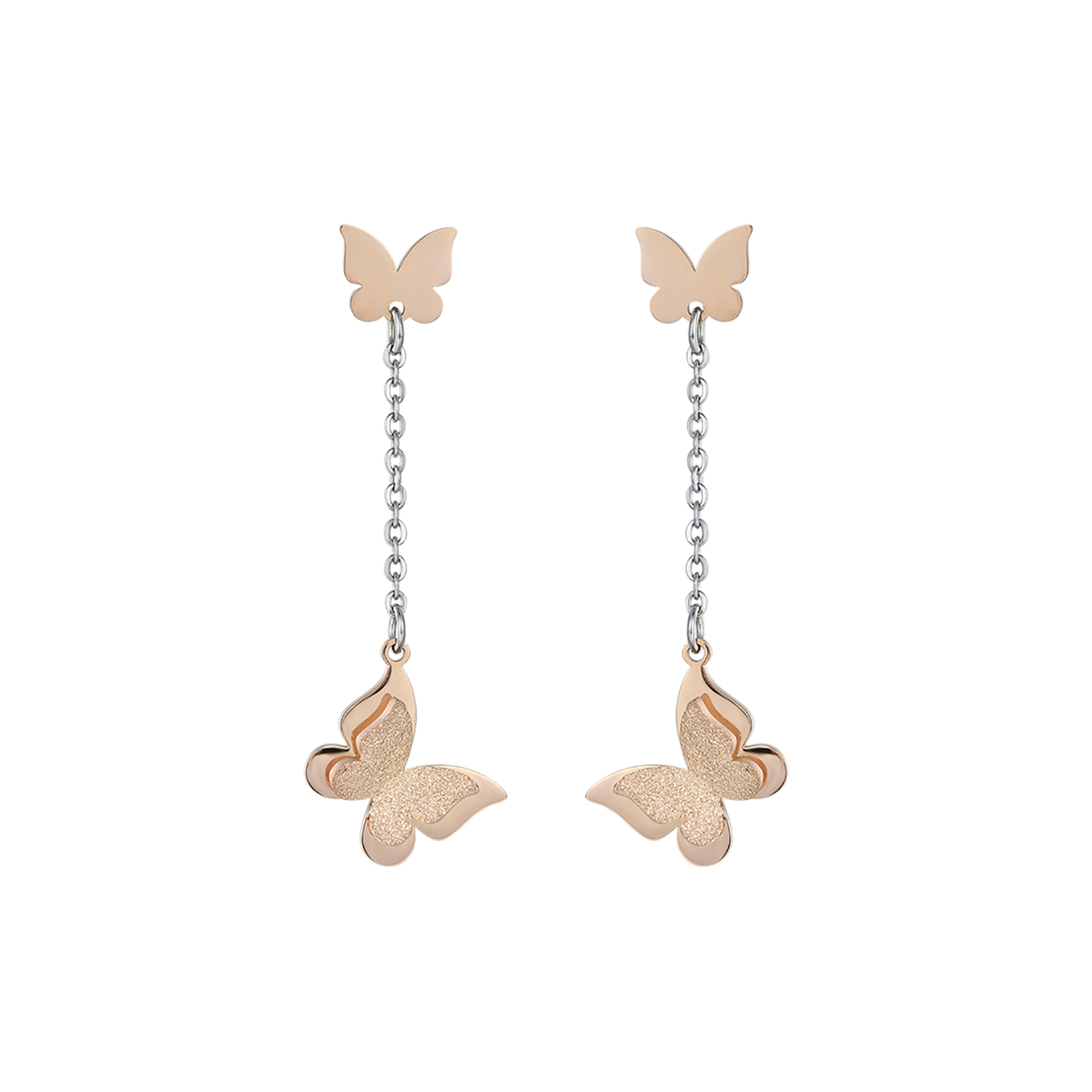 PENDIENTES DE ACERO, MARIPOSAS DE ACERO CON ROSAS DE PURPURINA IP