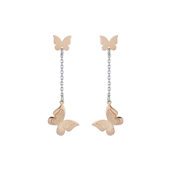 PENDIENTES DE ACERO, MARIPOSAS DE ACERO CON ROSAS DE PURPURINA IP