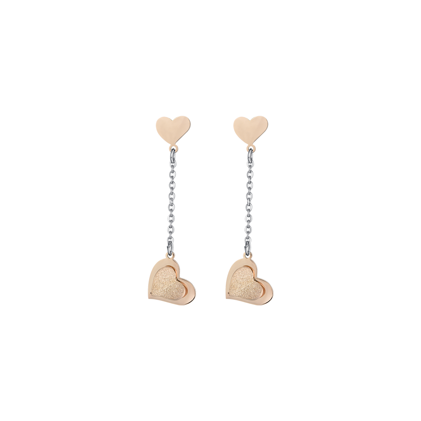 PENDIENTES DE ACERO, CORAZONES DE ACERO CON ROSAS IP DE PURPURINA