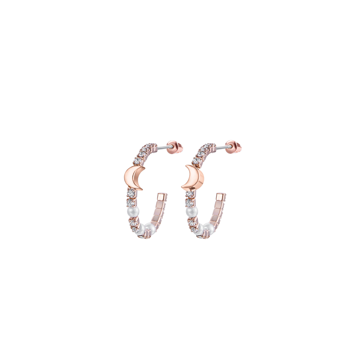 PENDIENTES DE METAL ROSADO CON LUNA, CRISTALES Y PERLAS BLANCAS