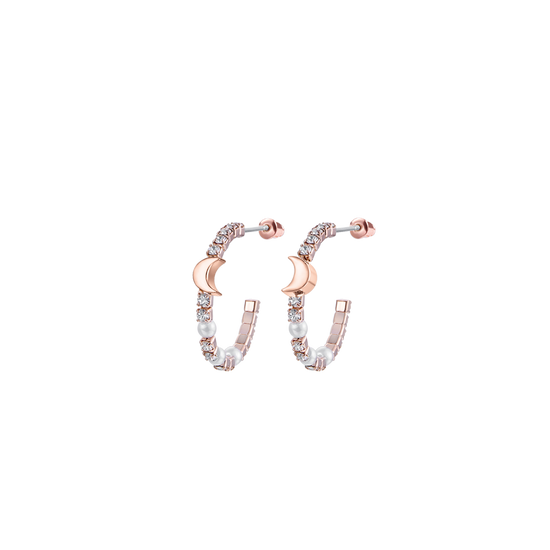 PENDIENTES DE METAL ROSADO CON LUNA, CRISTALES Y PERLAS BLANCAS