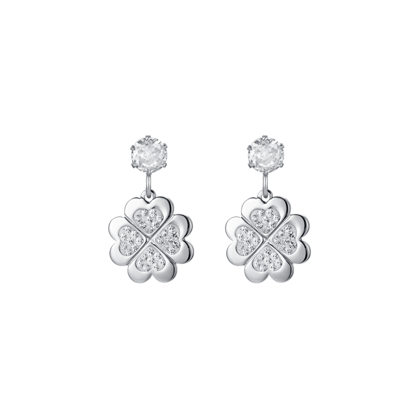 PENDIENTES DE ACERO PARA MUJER CON TRÉBOLES DE CUATRO HOJAS CON CRISTALES BLANCOS