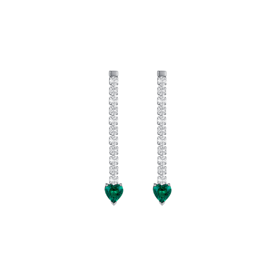 PENDIENTES DE TENIS DE ACERO PARA MUJER CON CRISTALES BLANCOS Y CORAZONES DE CRISTAL VERDE