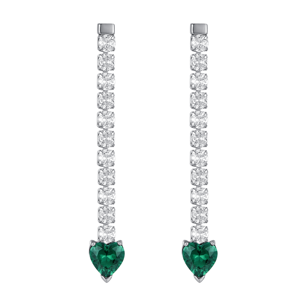 PENDIENTES DE TENIS DE ACERO PARA MUJER CON CRISTALES BLANCOS Y CORAZONES DE CRISTAL VERDE