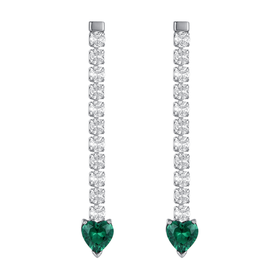PENDIENTES DE TENIS DE ACERO PARA MUJER CON CRISTALES BLANCOS Y CORAZONES DE CRISTAL VERDE