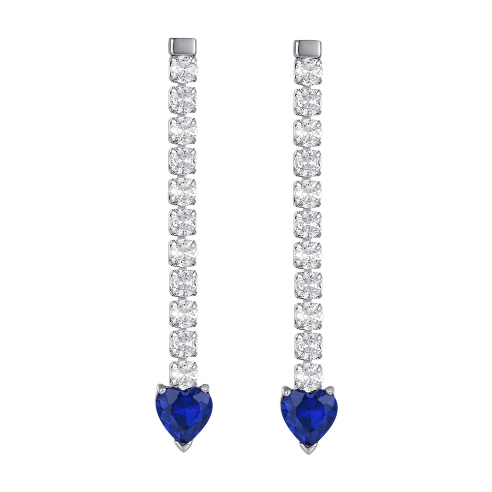 PENDIENTES DE TENIS DE ACERO PARA MUJER CON CRISTALES BLANCOS Y CORAZONES DE CRISTAL AZUL