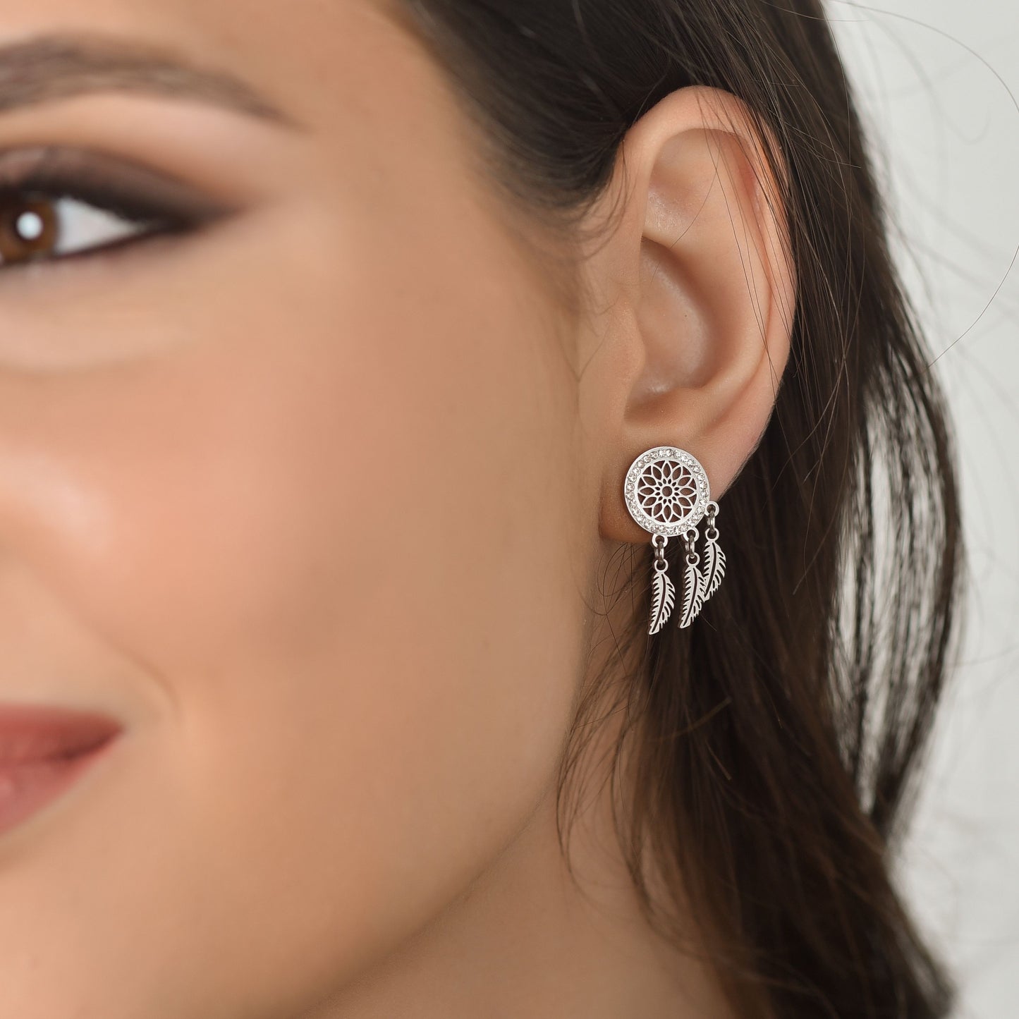 PENDIENTES ATRAPASUEÑOS DE ACERO PARA MUJER CON CRISTALES BLANCOS