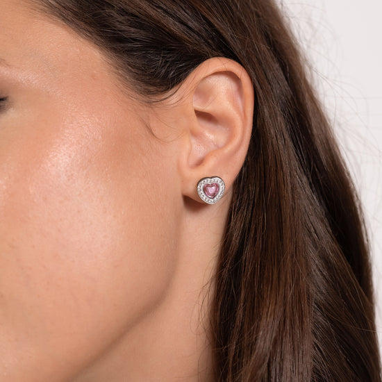 PENDIENTES DE ACERO PARA MUJER CORAZONES DE CRISTAL ROSA Y CRISTALES BLANCOS