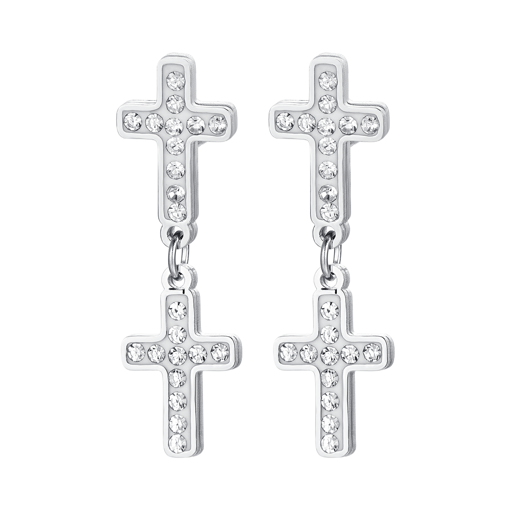 PENDIENTES CRUZ DE ACERO PARA MUJER CON CRISTALES BLANCOS