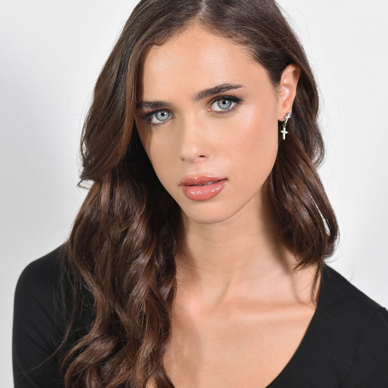 PENDIENTES CRUZ DE ACERO PARA MUJER CON CRISTALES BLANCOS