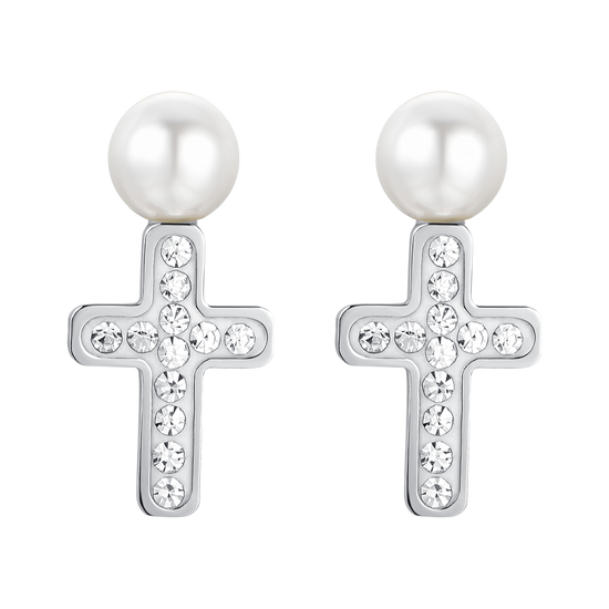 ORECCHINI DONNA IN ACCIAIO PERLA E CROCE