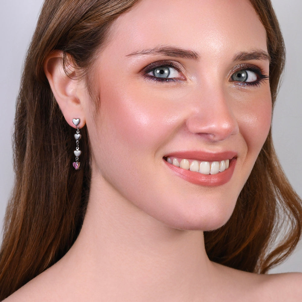 ORECCHINI DONNA IN ACCIAIO CON CUORI E ZIRCONE ROSA