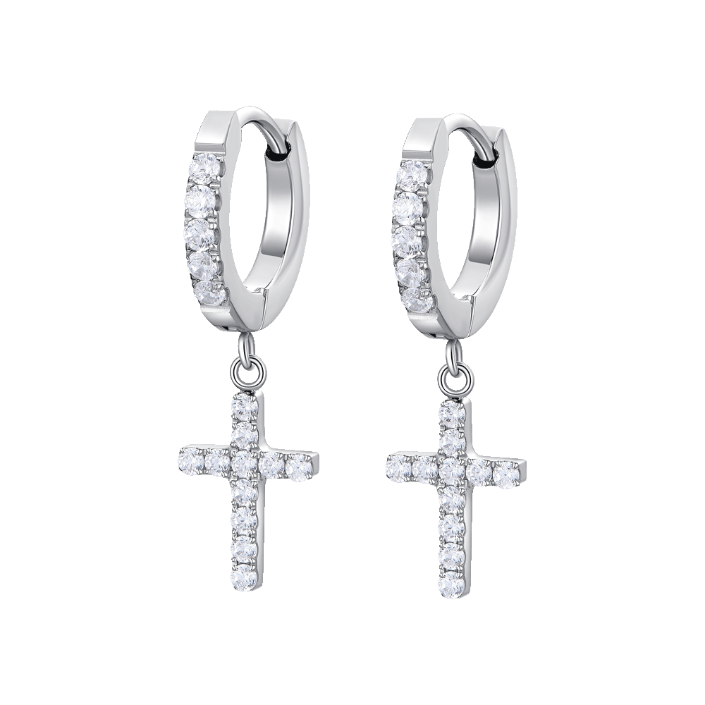 ORECCHINI DONNA CERCHIO IN ACCIAIO CON CROCE E ZIRCONI BIANCHI