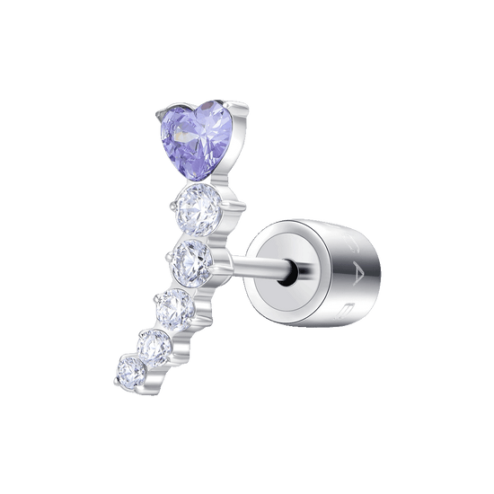 MONO ORECCHINO DONNA IN ACCIAIO CUORE VIOLA E CRISTALLI BIANCHI