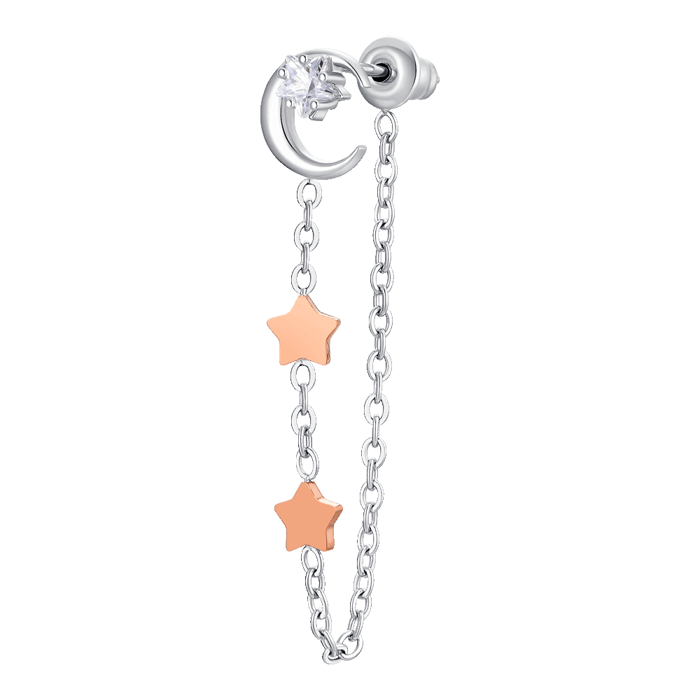 MONO ORECCHINO DONNA IN ACCIAIO, LUNA CON ZIRCONE BIANCO E STELLE