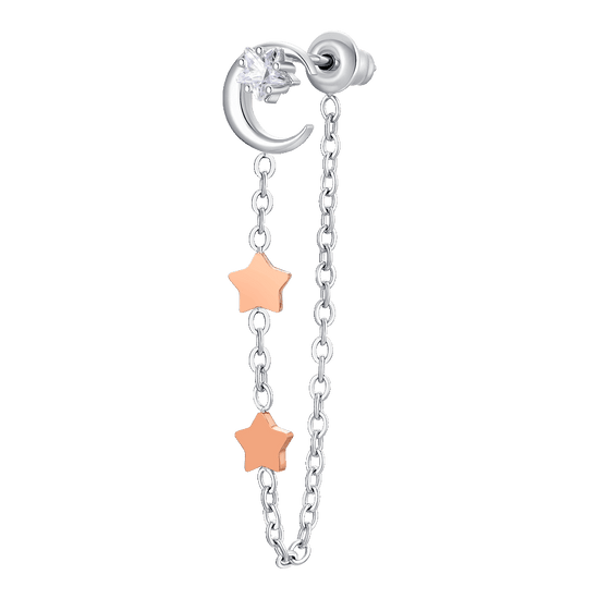 MONO ORECCHINO DONNA IN ACCIAIO, LUNA CON ZIRCONE BIANCO E STELLE