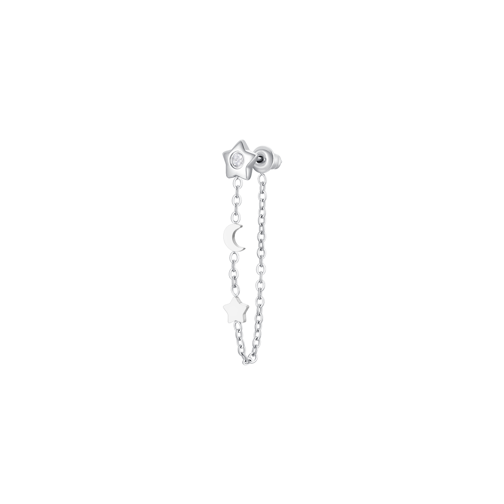 MONO ORECCHINO DONNA IN ACCIAIO, LUNA CON ZIRCONE BIANCO E STELLE