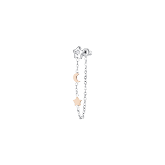 MONO ORECCHINO DONNA IN ACCIAIO, STELLA CON ZIRCONE BIANCO,LUNA E STELLA IP ROSE