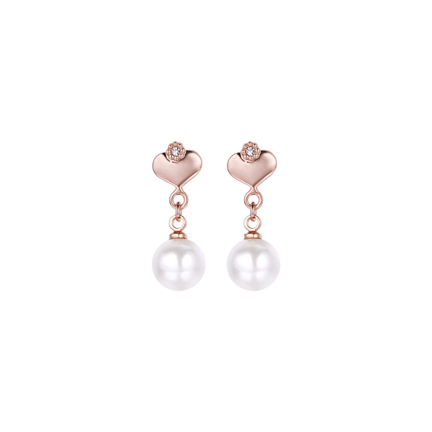 PENDIENTES DE METAL ROSA CON PERLAS SINTÉTICAS BLANCAS Y CORAZONES CON CRISTALES