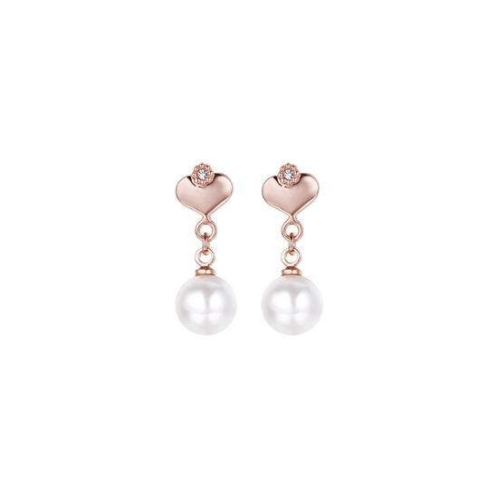 PENDIENTES DE METAL ROSA CON PERLAS SINTÉTICAS BLANCAS Y CORAZONES CON CRISTALES