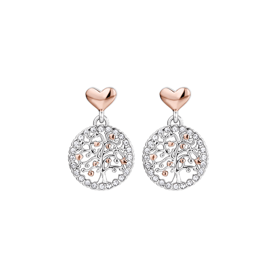 PENDIENTES DE ACERO ÁRBOL DE LA VIDA PARA MUJER CON CRISTALES BLANCOS Y CORAZONES IP RO
