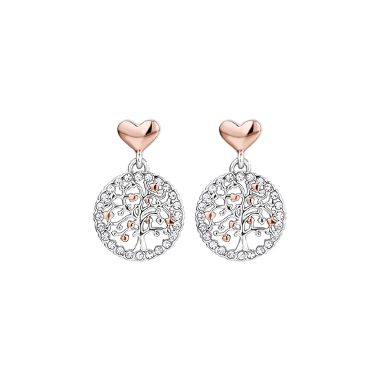 PENDIENTES DE ACERO ÁRBOL DE LA VIDA PARA MUJER CON CRISTALES BLANCOS Y CORAZONES IP RO
